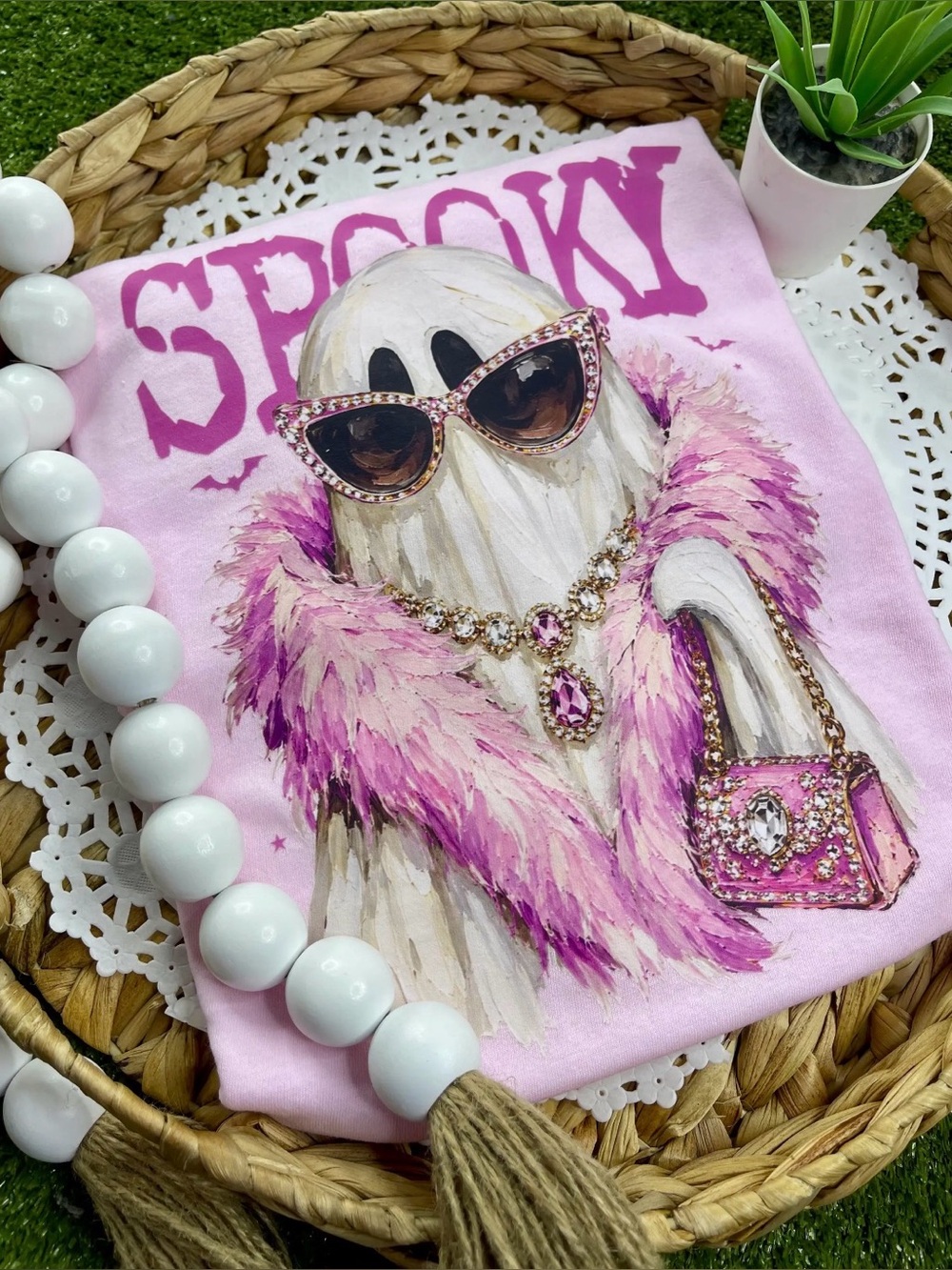 Glitz glam boujee ghost Halloween rhinestone necklace graphic tunic top tee top